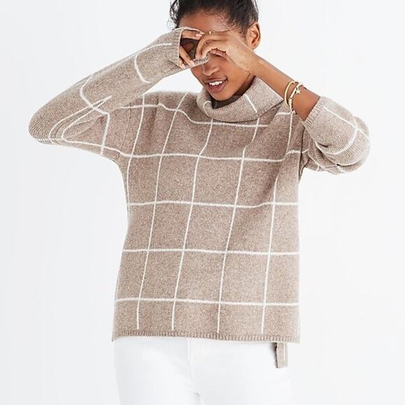 Madewell Windowpane Turtleneck Sweater Heather Driftwood Wool Blend Tan Size S - Picture 1 of 13
